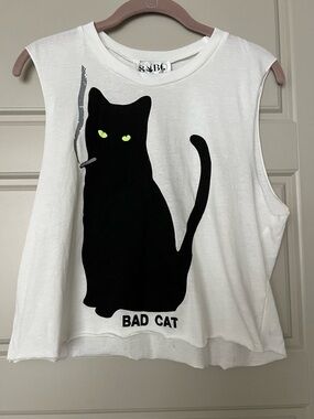 White Sleeveless 'Bad Cat' Graphic Tank with Black Cat Print
